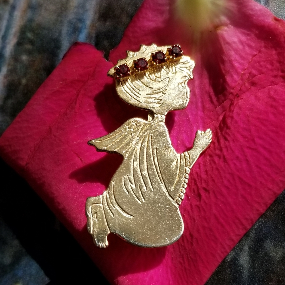 Vintage angel brooch with crown of red gems pin gold tone